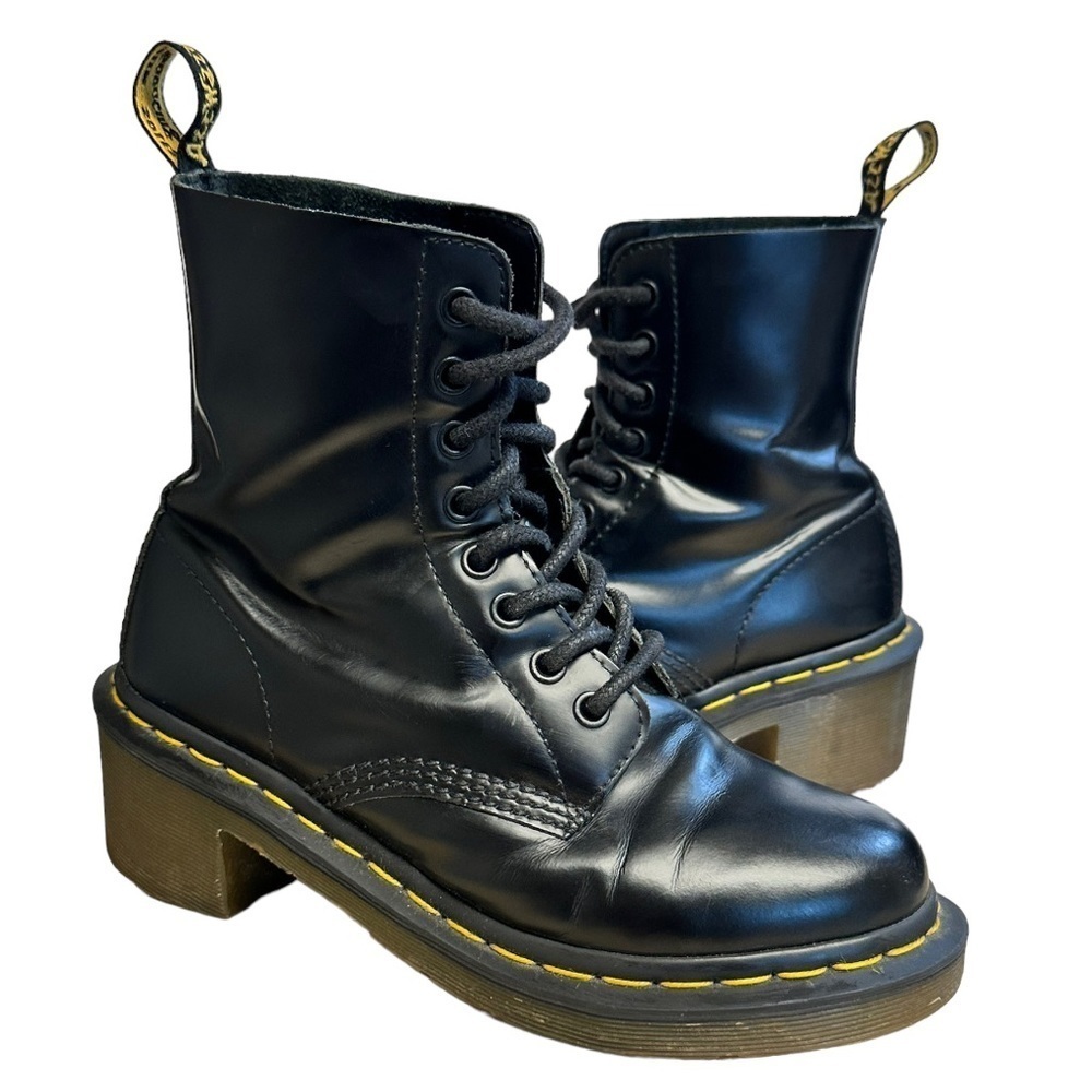 DR. Martens Clemency Combat Boots Black Leather US6 UK4 Higher Heel